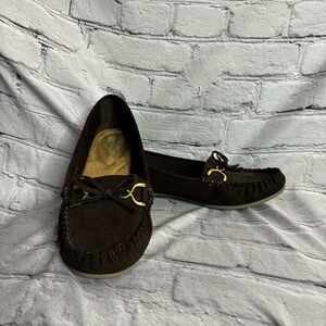 DexFlex Comfort Women’s Brown Faux Suede Driving Moc Loafers Gold Buckle Sz 10